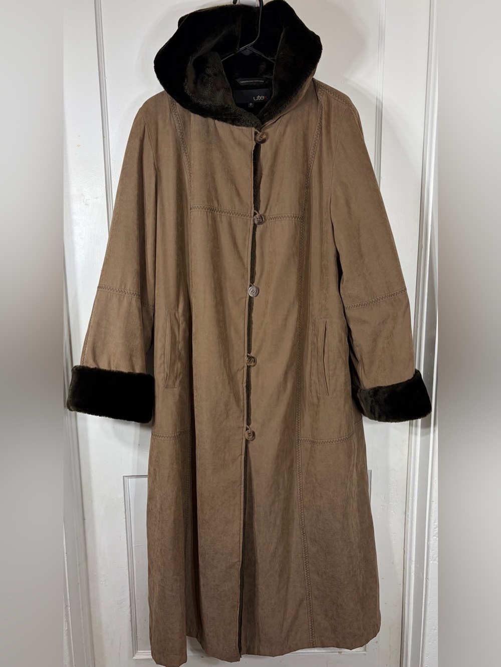 Vintage Utex Design Brown Faux Suede Maxi Coat Fur Hooded Long Winter Jacket